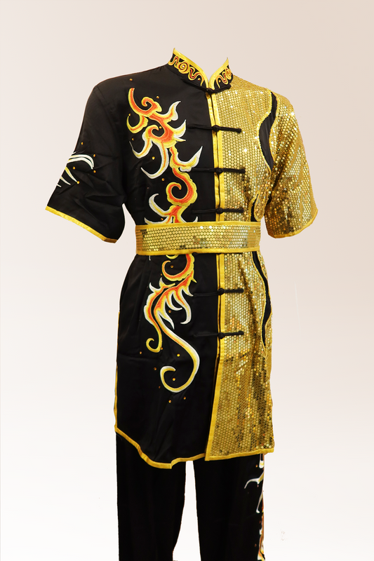 Black and Gold Wushu Kung Fu Silk with Sequins and Phoenix Tail