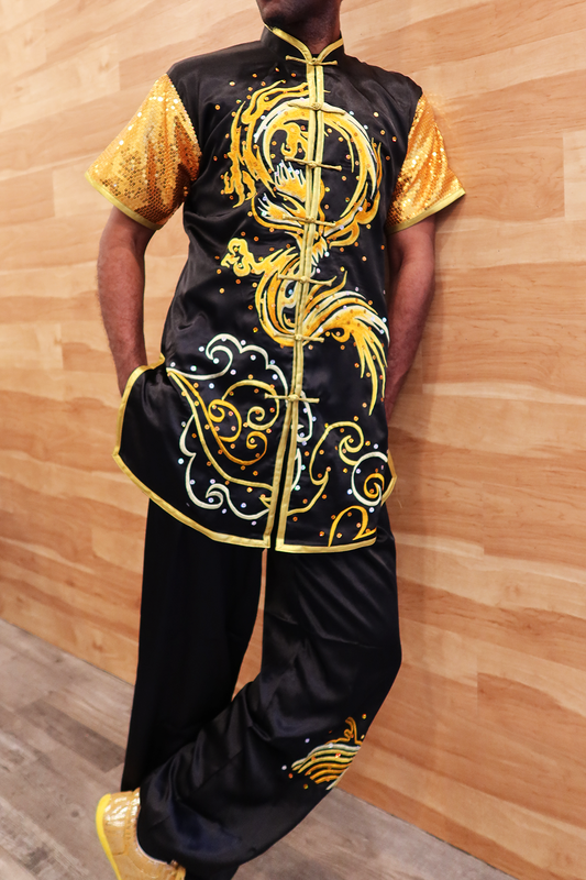 Stunning golden dragon Wushu Kung Fu Silk with Clouds and Sequin Sleeves