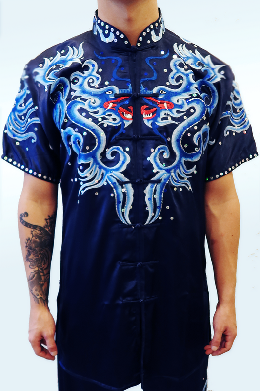 Navy Blue silk with twin dragons Wushu Kung Fu Silk with Clouds and Sequin Sleeves