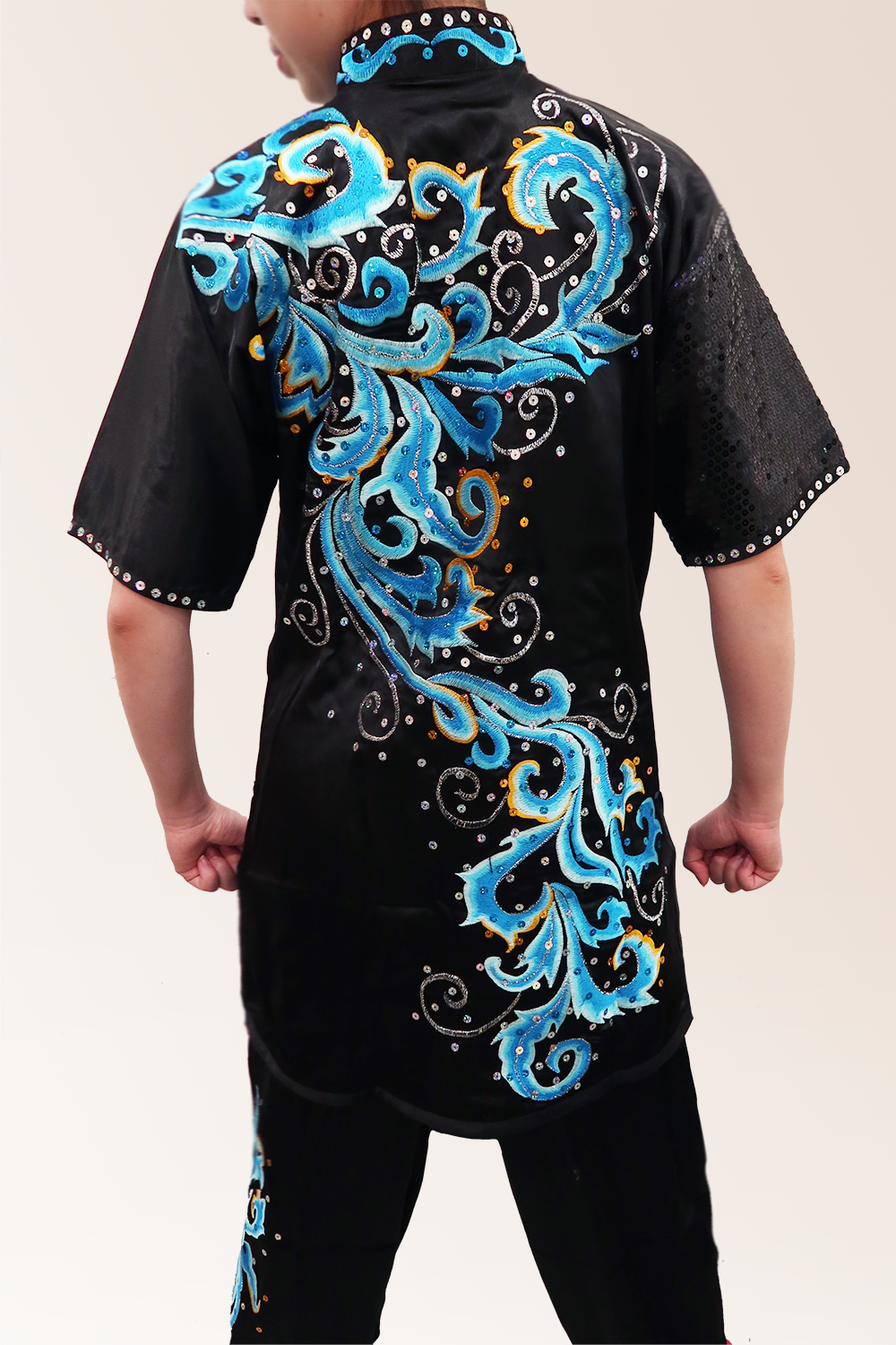 Beautiful black with teal flowers Wushu Kung Fu Silk with Clouds and Sequin Sleeves