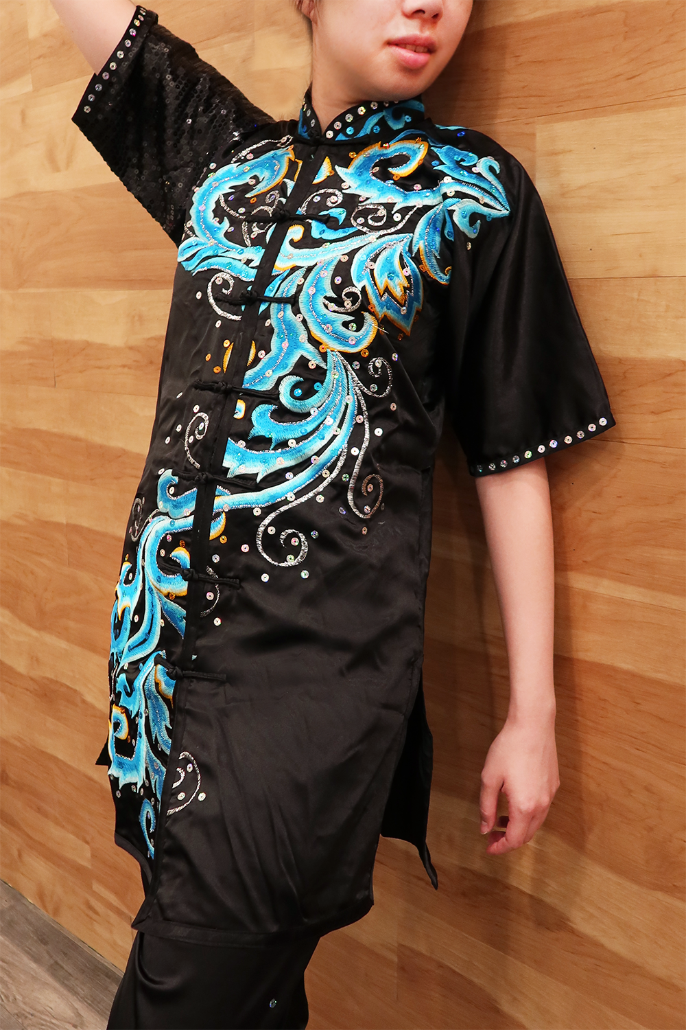Gorgeous black with teal flowers Wushu Kung Fu Silk with Clouds and Sequin Sleeves